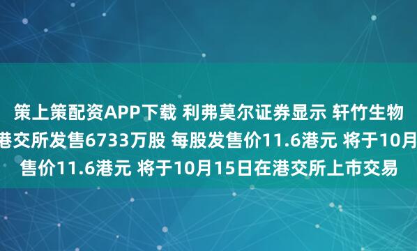 策上策配资APP下载 利弗莫尔证券显示 轩竹生物科技股份有限公司在港交所发售6733万股 每股发售价11.6港元 将于10月15日在港交所上市交易